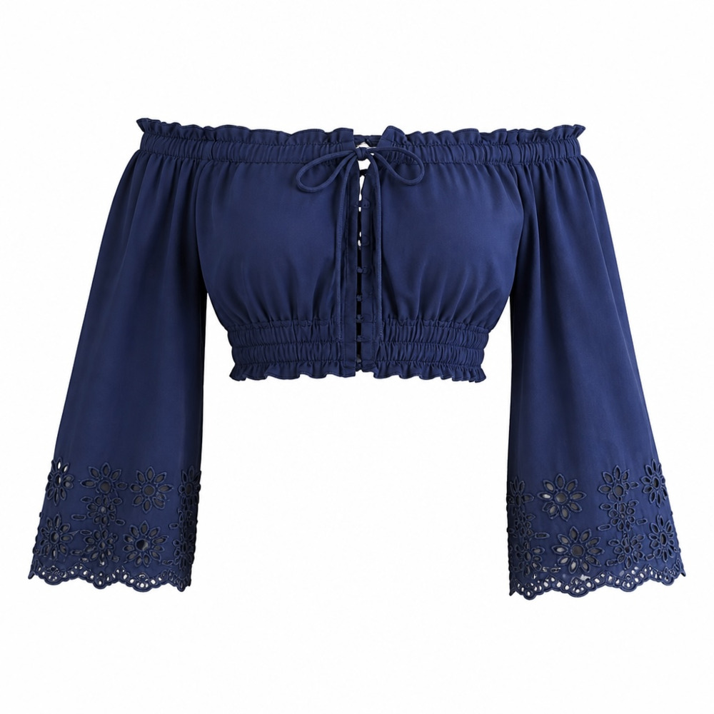 California Moonrise Navy Blue Off-Shoulder Lace-Up Crop Top with Bell Sleeves